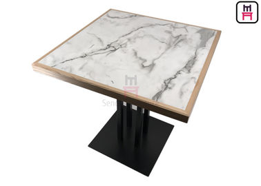Modelo de mármol blanco HPL de la mesa de comedor de la lamina del buffet de 4 personas con el borde de madera de pino